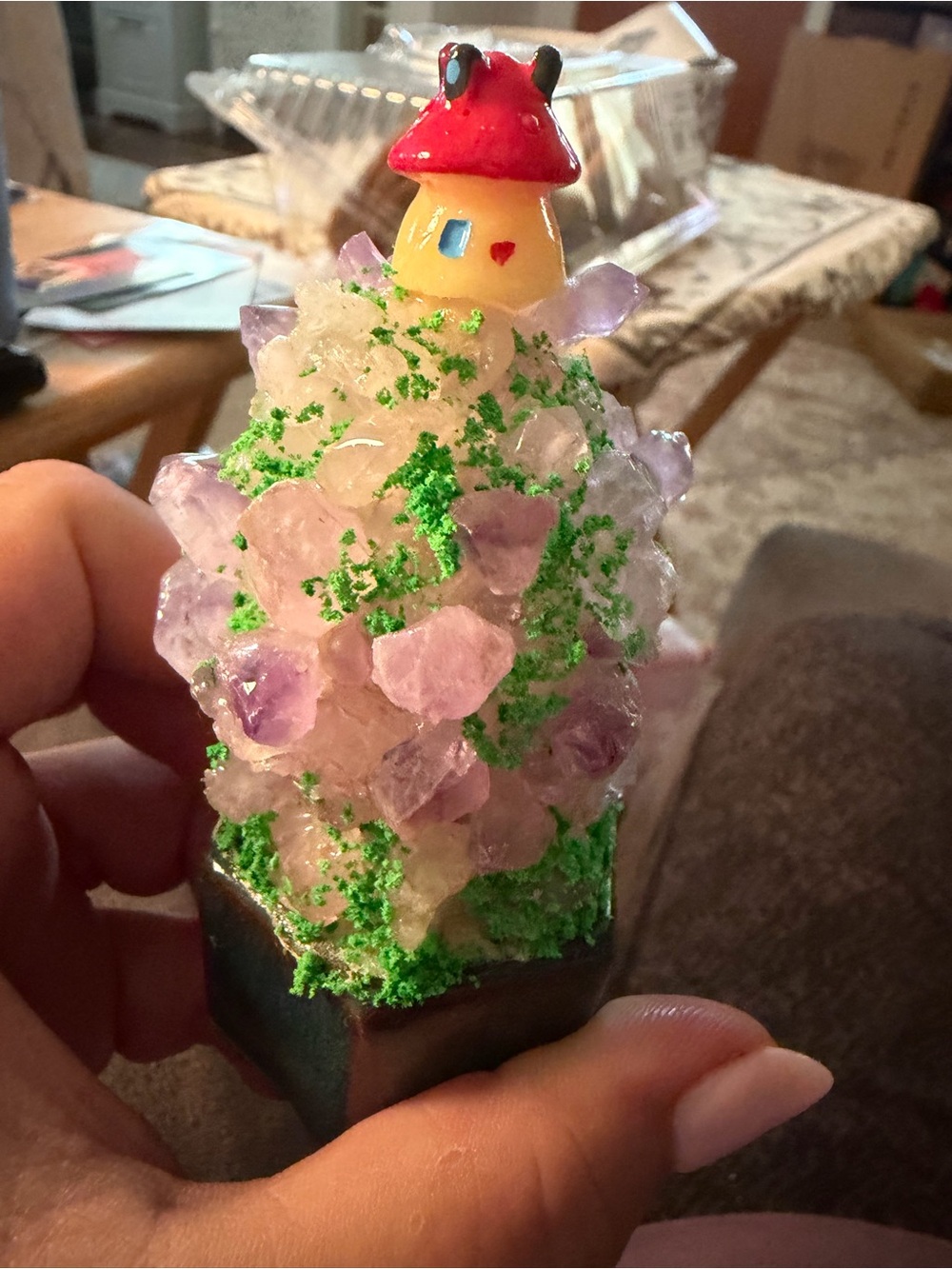 Handmade Crystal Tree Figurine with Red Mushroom Top